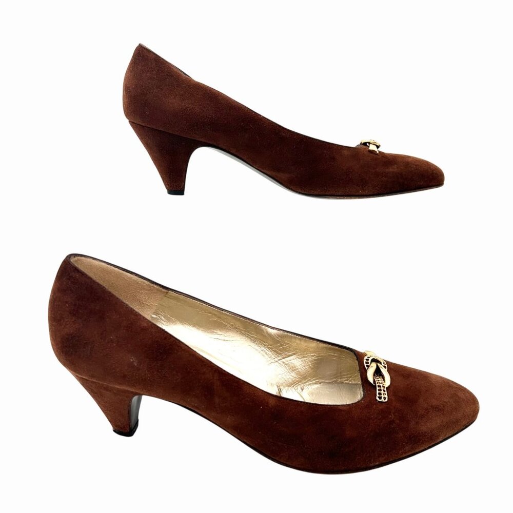 VINTAGE BRUNO MAGLI 80'S BROWN SUEDE PUMPS w GOLD METAL DETAIL ITALIAN 8 (7) - Picture 4 of 12